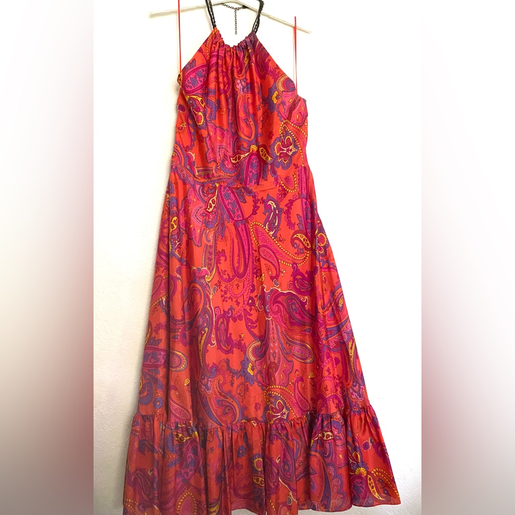 Brand New Lauren By Ralph Lauren  Satin Print Halter Midi Dress
